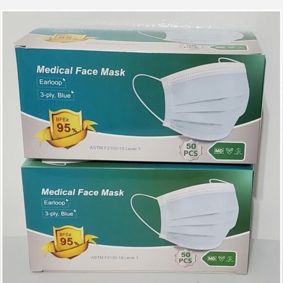 2 New Unisex 50 Box Blue & White Disposable Face Masks - Picture 2 of 16